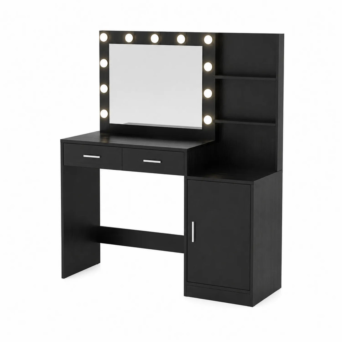 Tavolo da Trucco con Specchio LED e Armadietto in Legno Nero