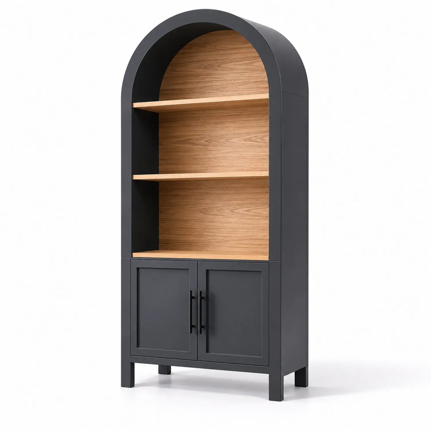 Libreria ad Arco in Legno e Metallo Nero con 3 Ripiani e 2 Ante