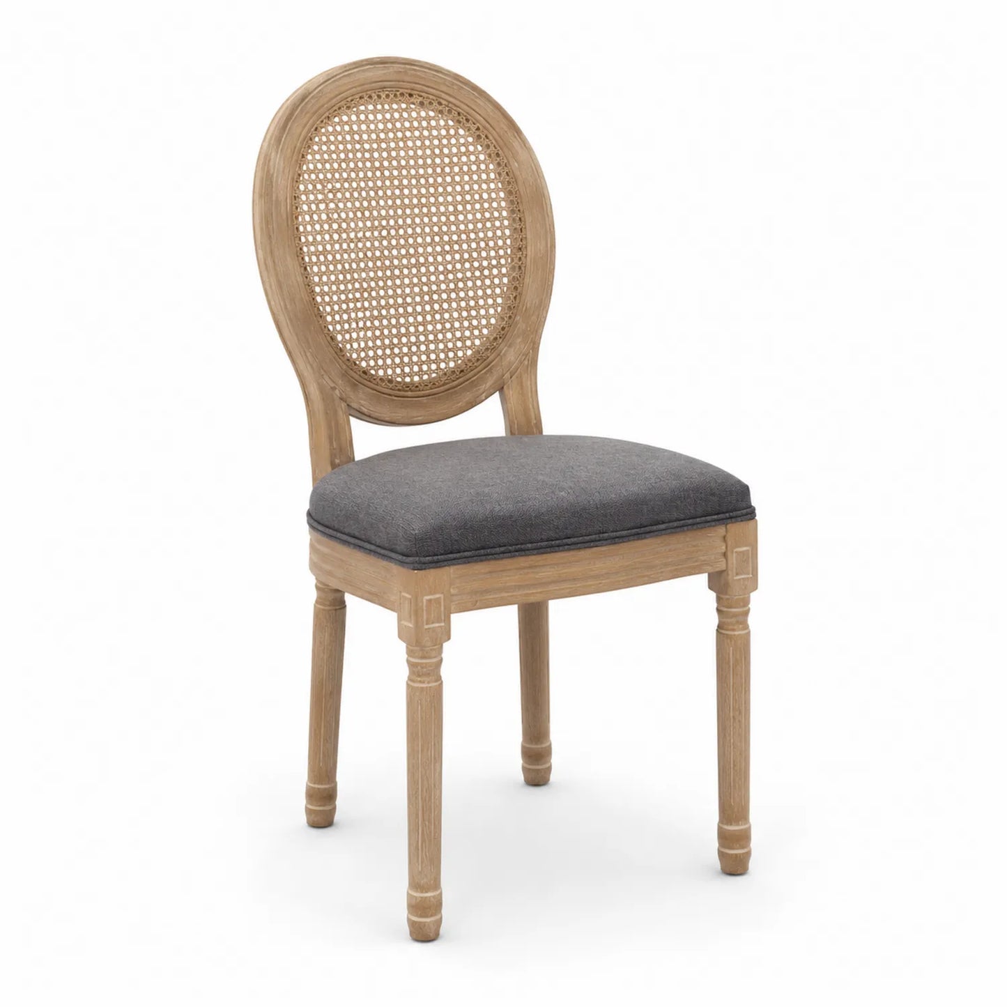 Sedia in legno con schienale in rattan e seduta in tessuto grigio