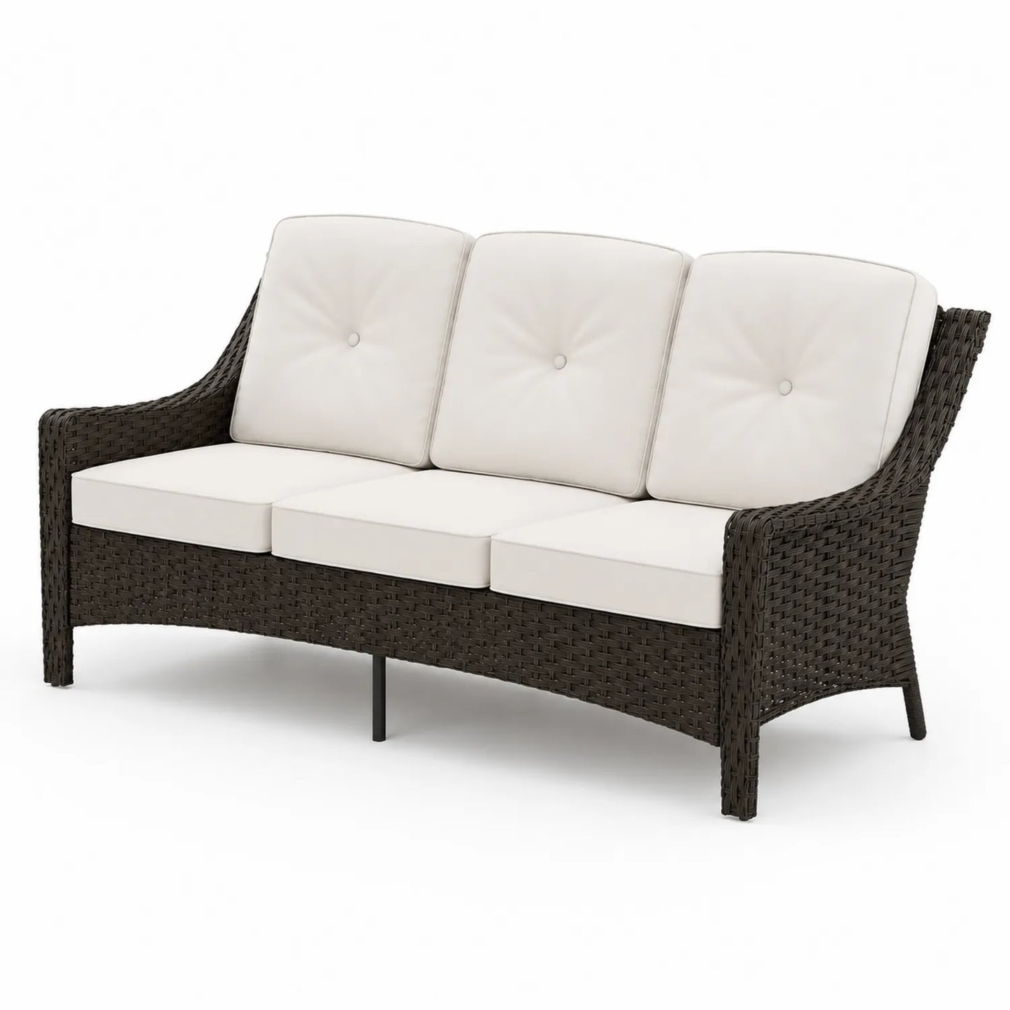 Divano 3 posti in rattan marrone con cuscini bianchi