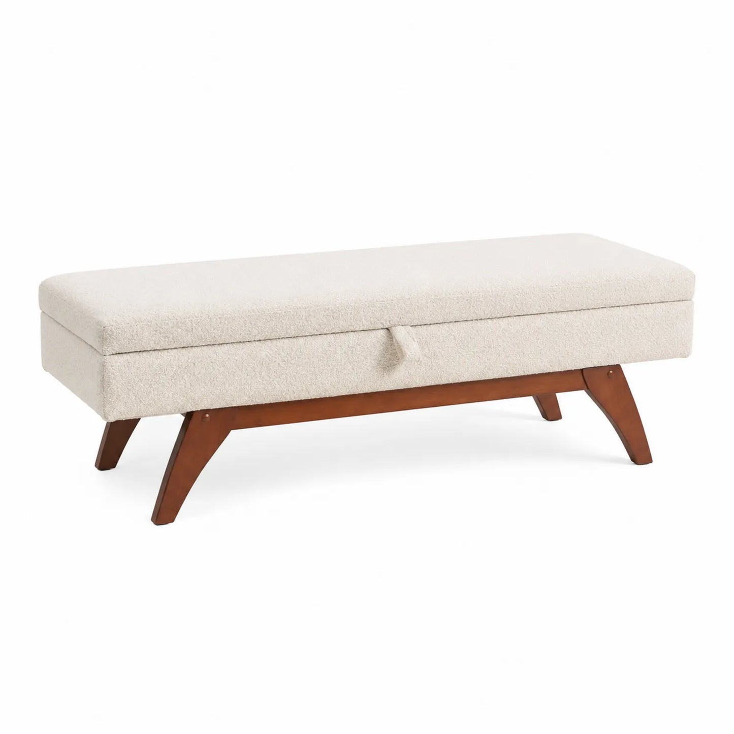 Panca Contenitore in Tessuto Beige con Gambe in Legno