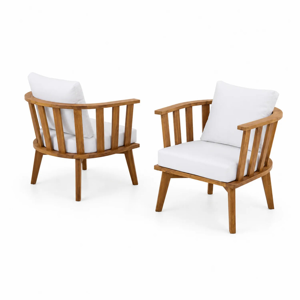 Set di 2 Sedie da Esterno in Legno con Cuscini Bianchi