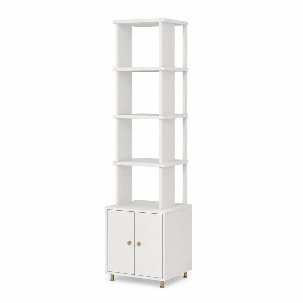 Libreria a Colonna in Legno Bianco con Armadietto