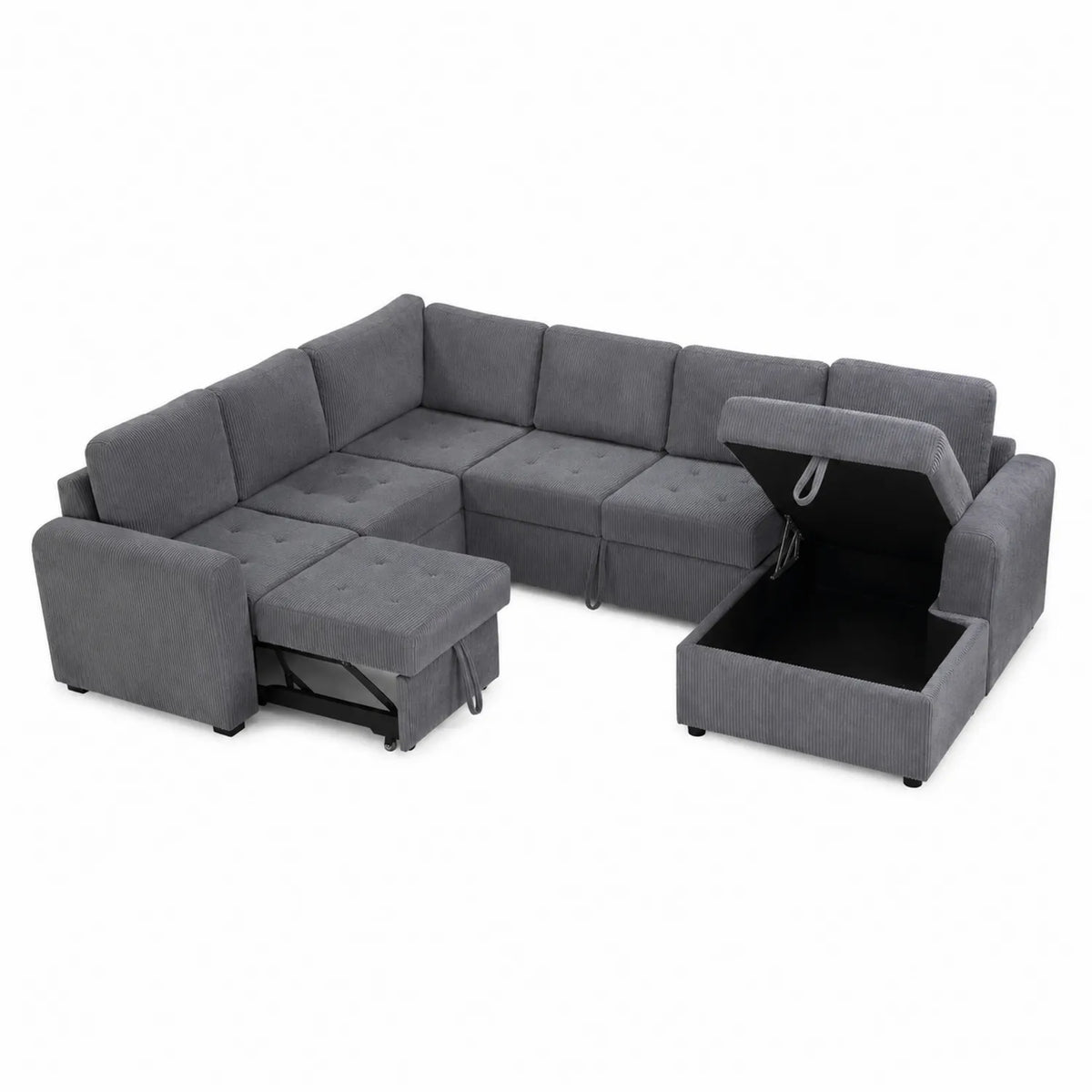 Divano angolare a U in tessuto grigio con contenitore e chaise longue