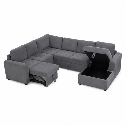 Divano angolare a U in tessuto grigio con contenitore e chaise longue