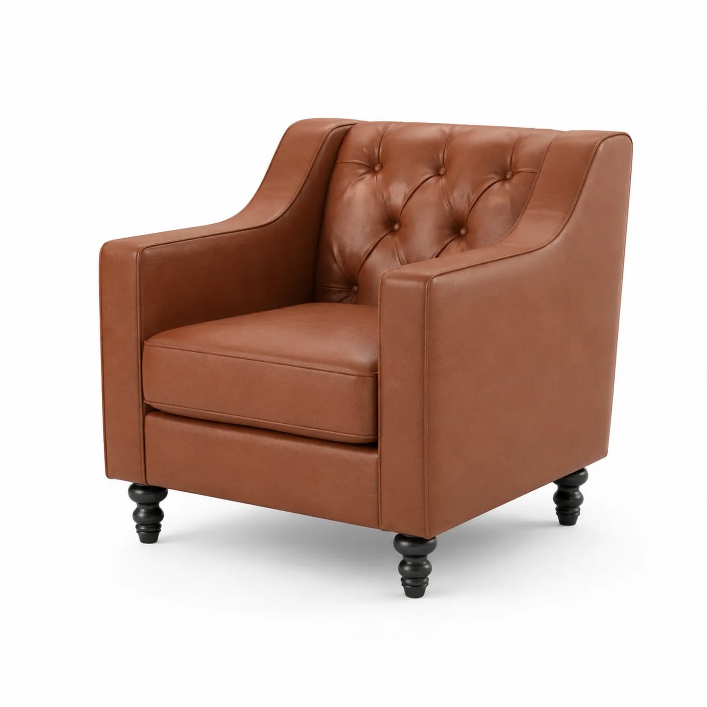 Poltrona in Pelle Marrone con Gambe in Legno