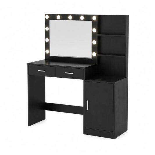 Tavolo da Trucco con Specchio LED e Armadietto in Legno Nero