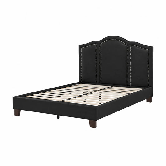 Letto matrimoniale in pelle sintetica nera con testiera decorata 160x200 cm