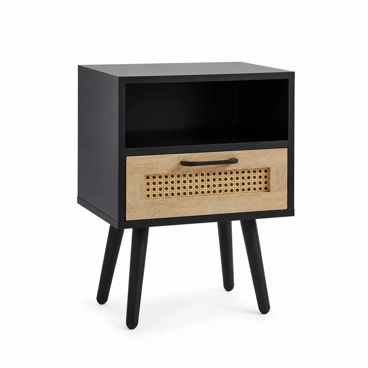 Comodino in MDF Nero e Rattan