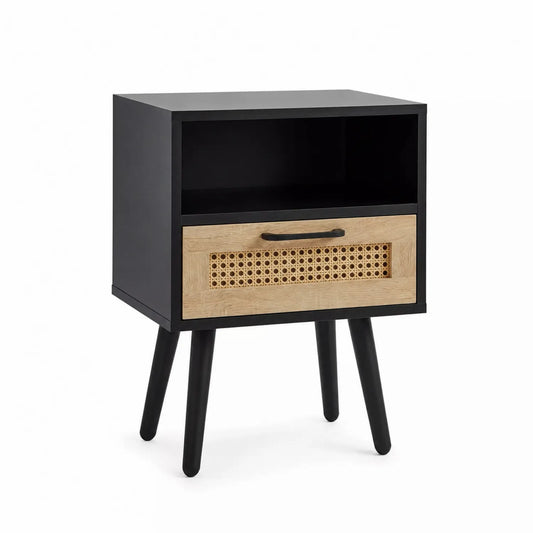 Comodino in MDF Nero e Rattan