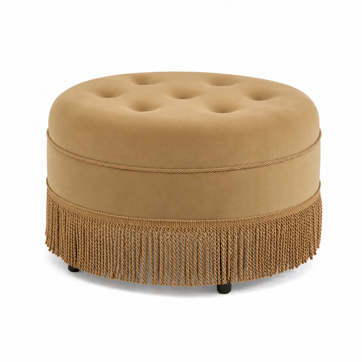 Pouf rotondo in velluto beige con frange, diametro 60 cm