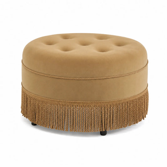 Pouf rotondo in velluto beige con frange, diametro 60 cm