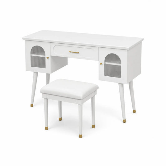 Set Tavolo da Toeletta con Sgabello in Legno Bianco