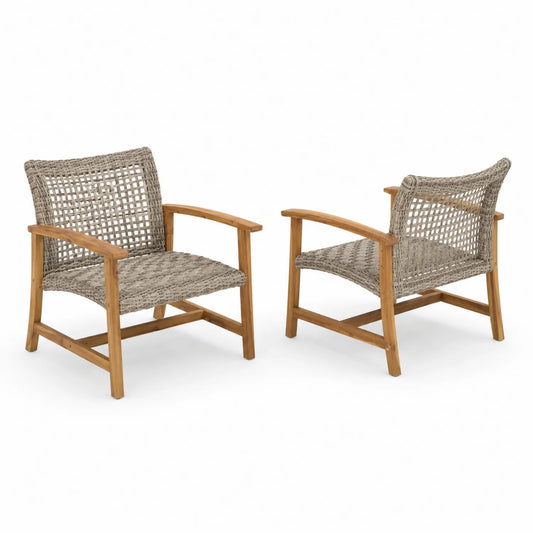 Set di 2 Sedie da Giardino in Legno di Teak e Rattan Sintetico Grigio