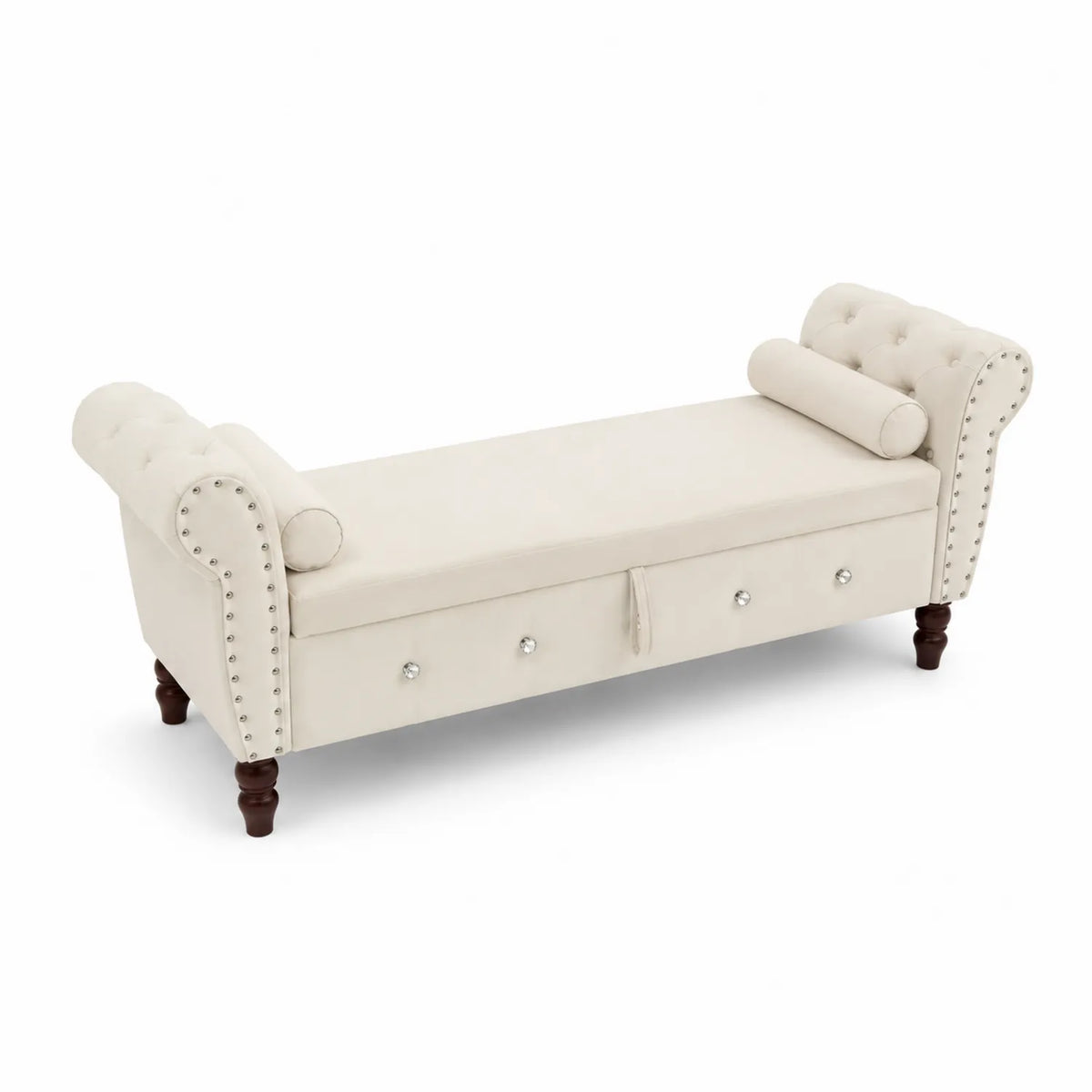 Cassapanca imbottita in tessuto beige con gambe in legno