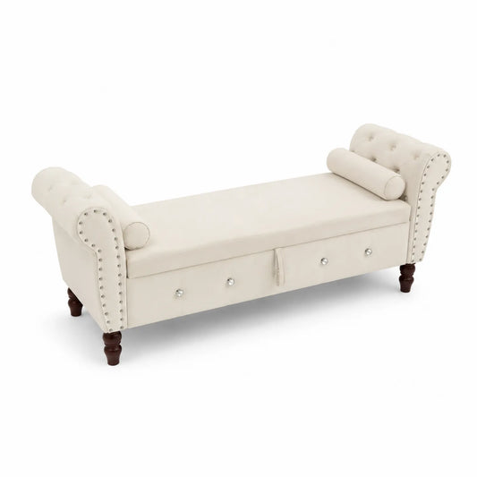 Cassapanca imbottita in tessuto beige con gambe in legno