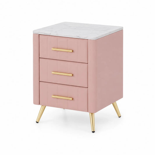 Comodino con 3 cassetti in legno e marmo rosa