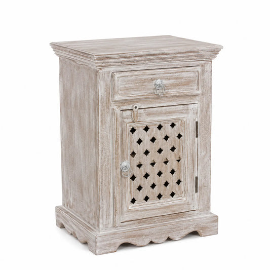 Comodino in Legno Bianco Anticato con Cassetto e Anta