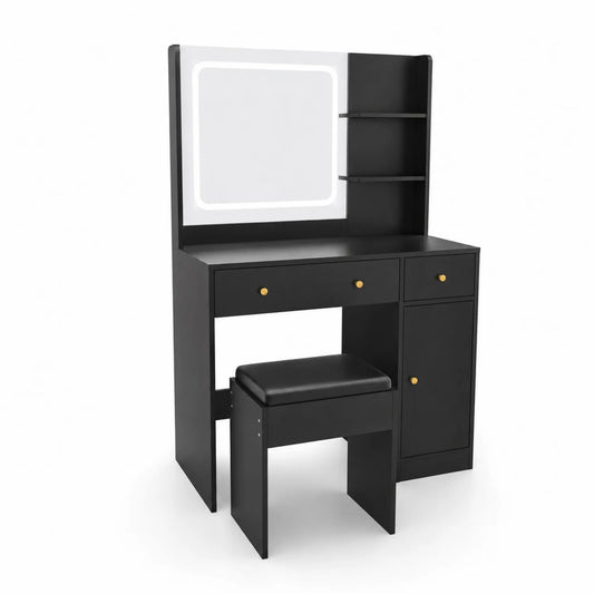 Toeletta in Legno Nero con Specchio LED e Sgabello