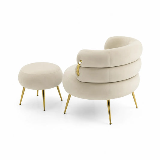 Set Poltrona e Pouf in Velluto Beige con Gambe in Metallo