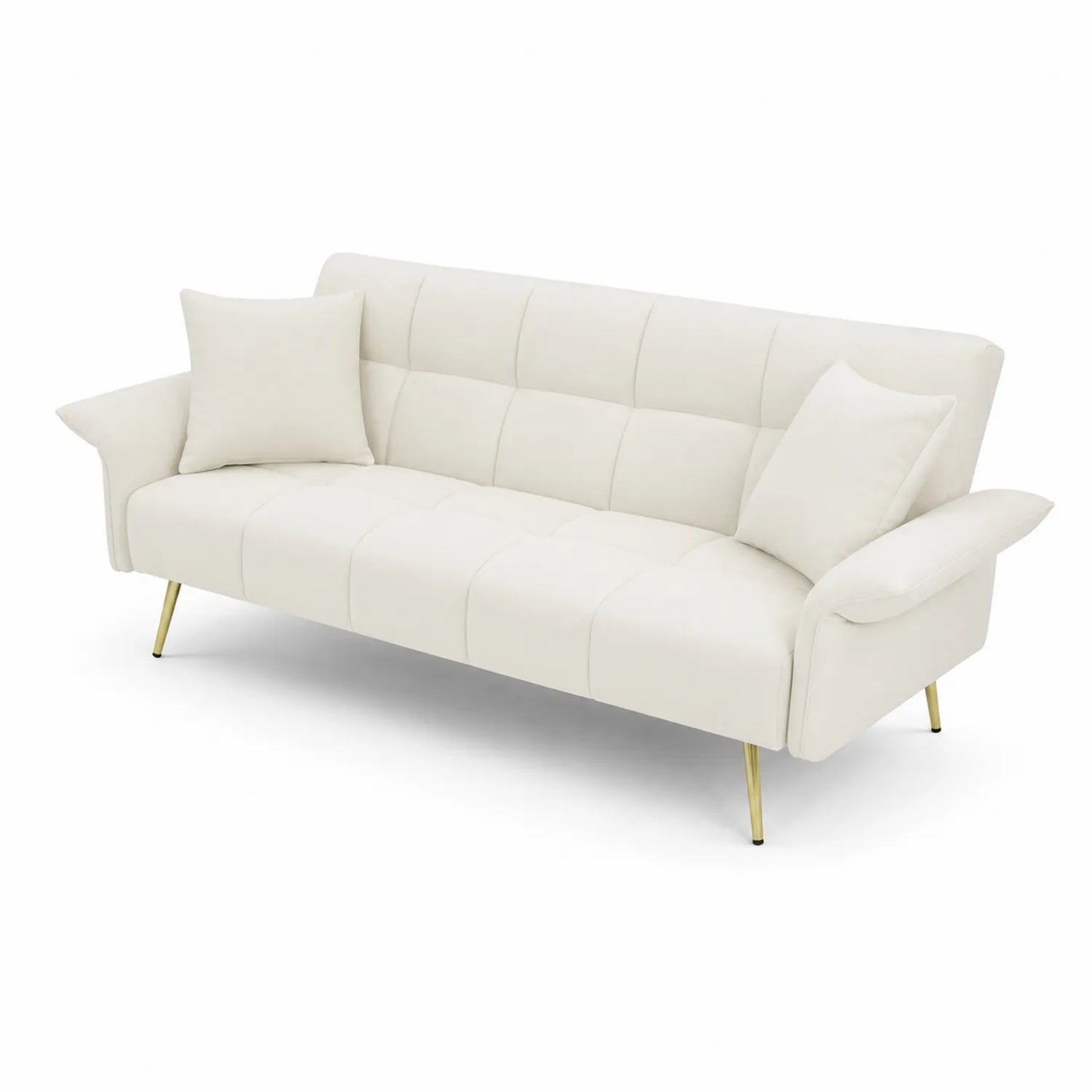 Divano in ecopelle bianco con gambe in metallo e cuscini