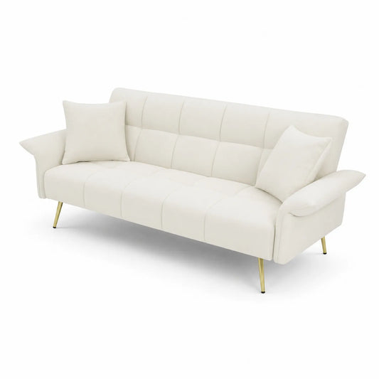 Divano in ecopelle bianco con gambe in metallo e cuscini