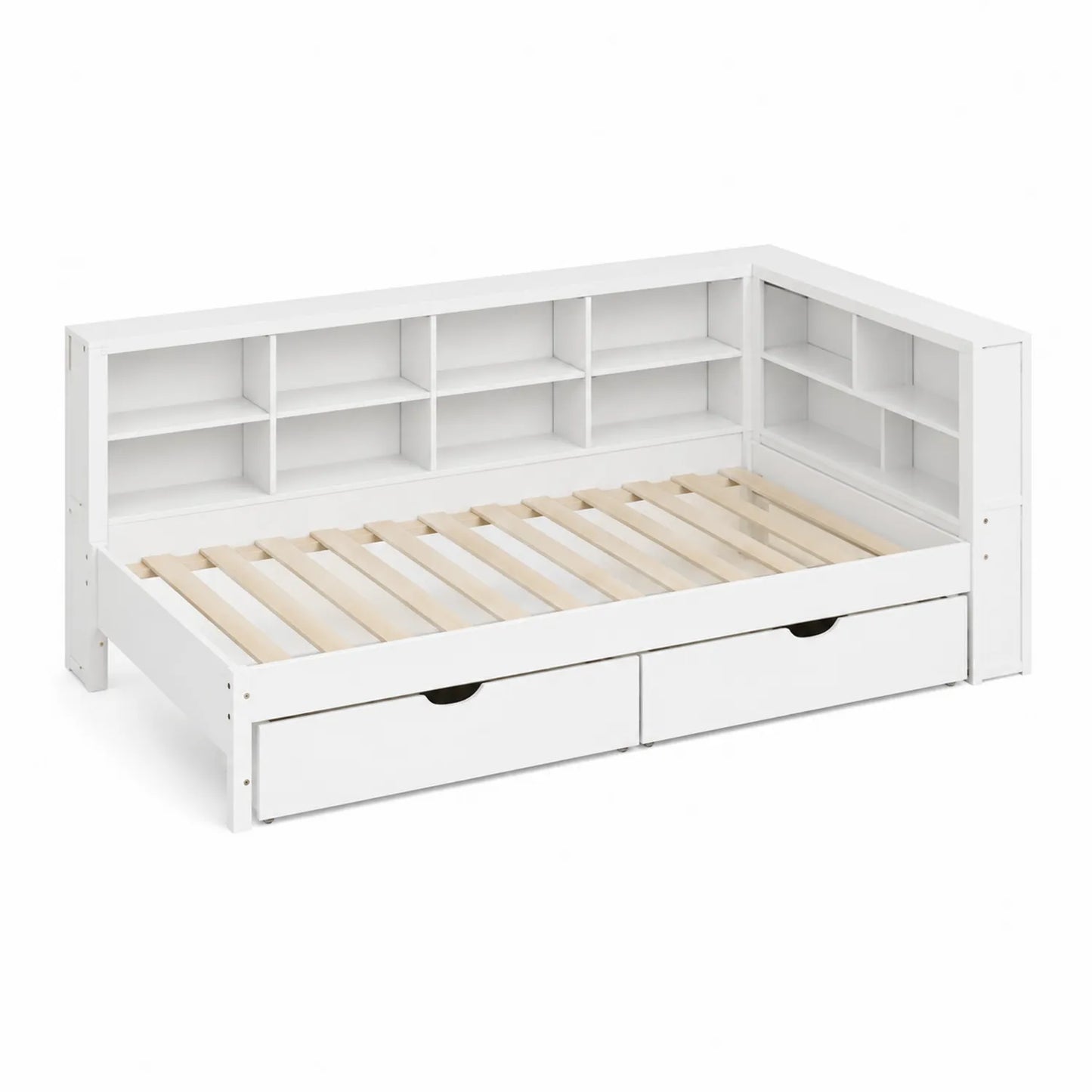 Letto singolo con libreria integrata e cassetti in legno MDF bianco