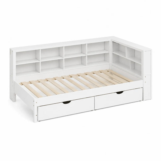 Letto singolo con libreria integrata e cassetti in legno MDF bianco