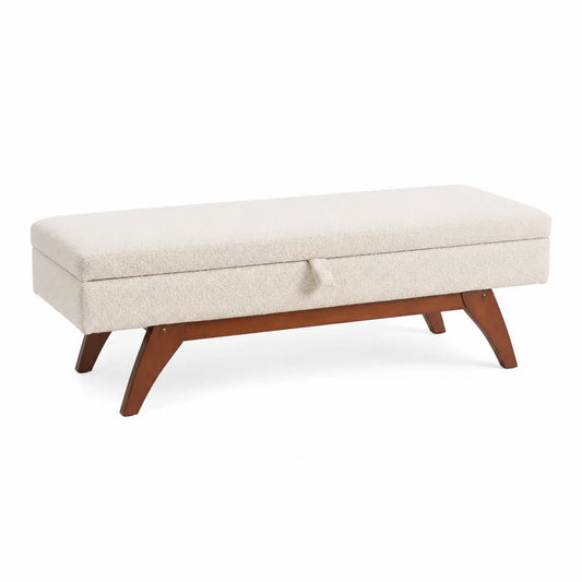 Panca Contenitore in Tessuto Beige con Gambe in Legno