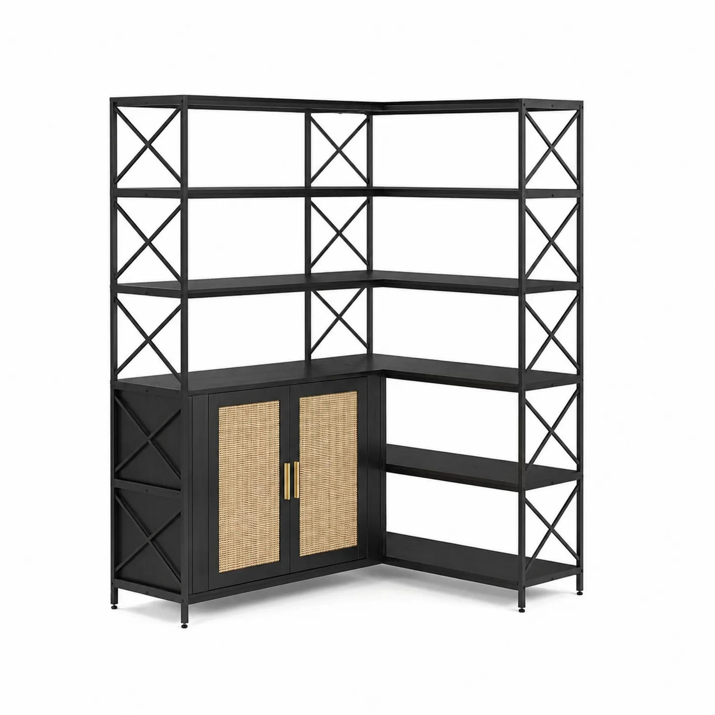 Scaffale ad Angolo in Metallo e Rattan Verniciato Nero
