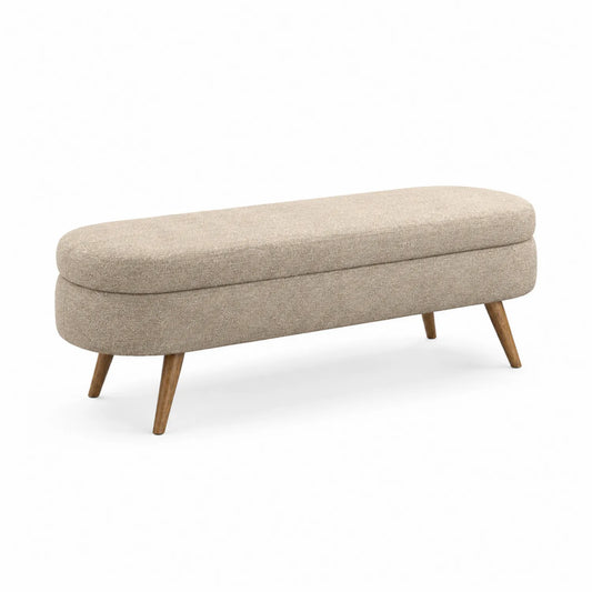 Panca imbottita rettangolare beige con gambe in legno di quercia
