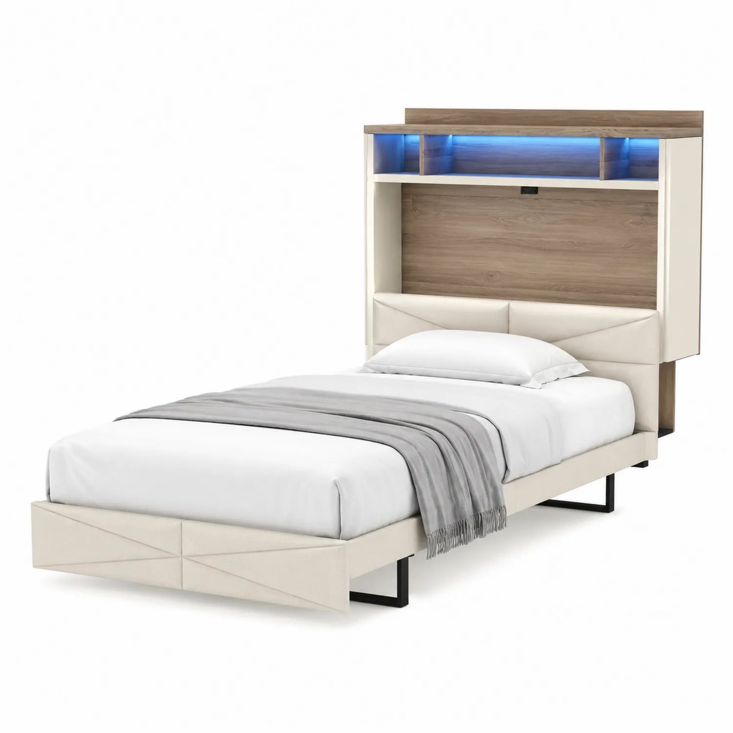 Letto singolo in legno e metallo con illuminazione LED e rivestimento in ecopelle Beige 200x90