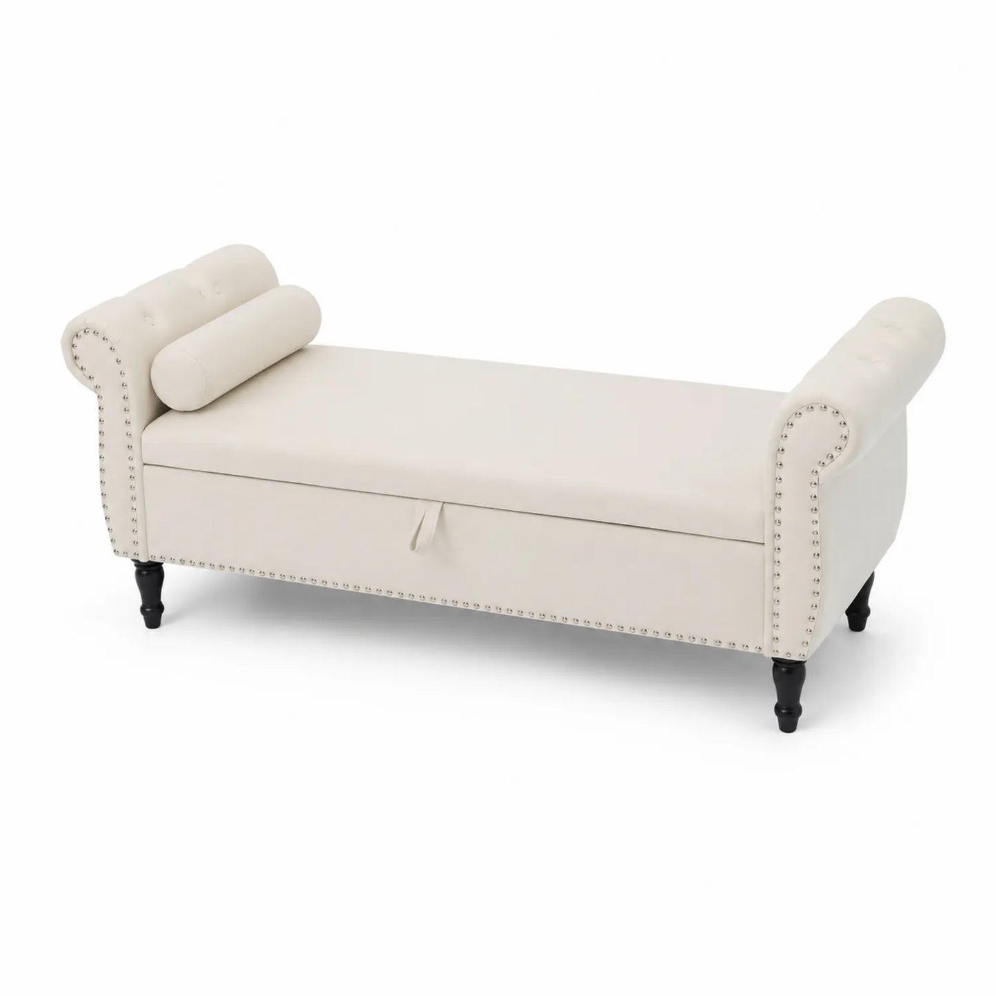 Panca con Contenitore in Tessuto e Gambe in Legno Beige