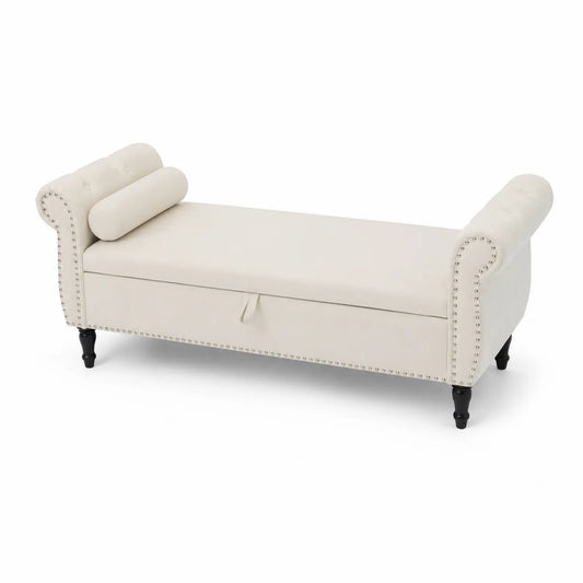 Panca con Contenitore in Tessuto e Gambe in Legno Beige