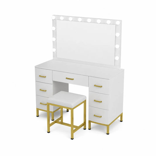 Toeletta con Specchio e Luci LED in MDF Bianco e Acciaio Oro