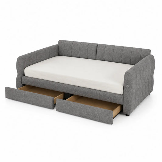Divano Letto in Tessuto Grigio con Cassetti 200x140 cm