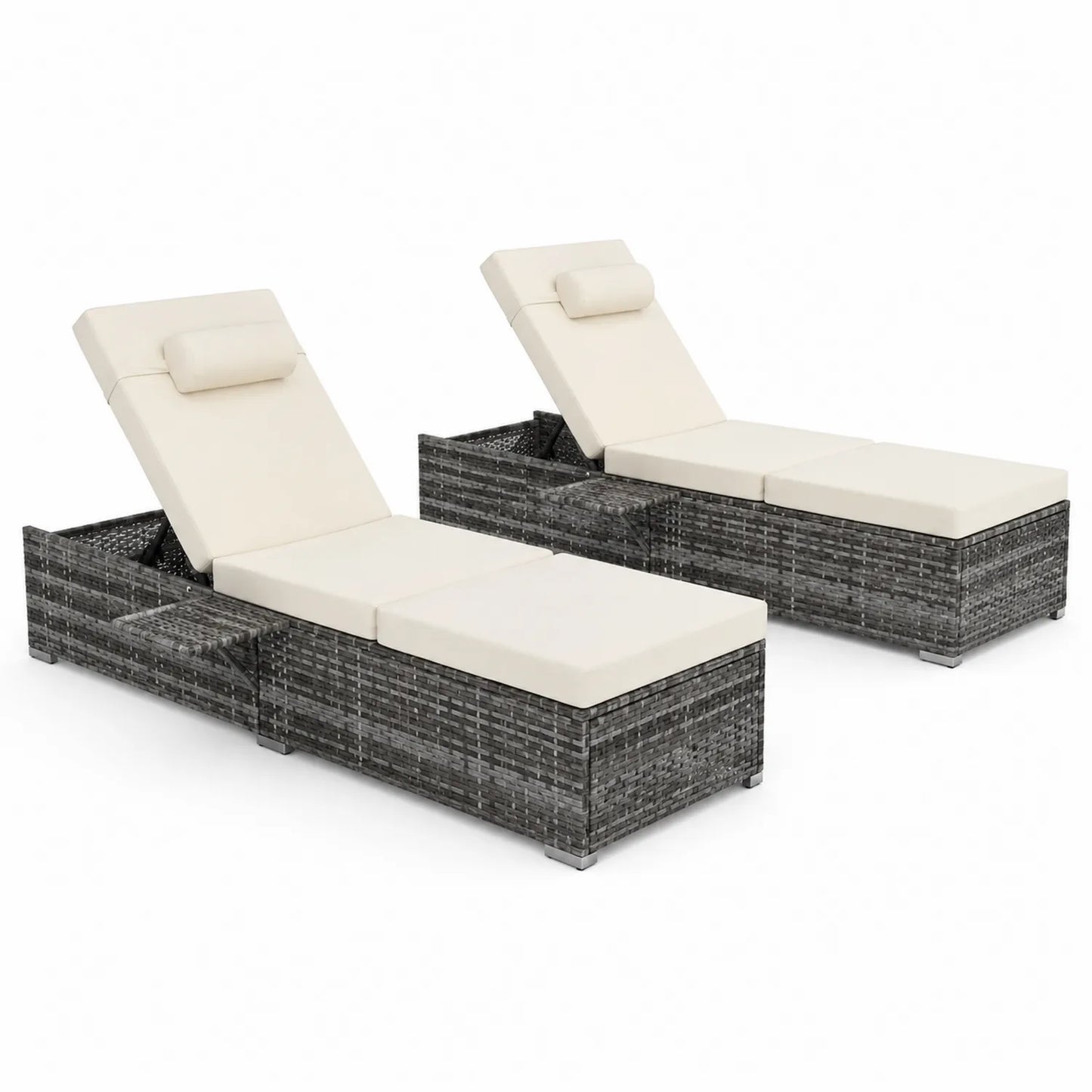 Set di 2 Lettini in Rattan con Cuscini Crema Regolabili