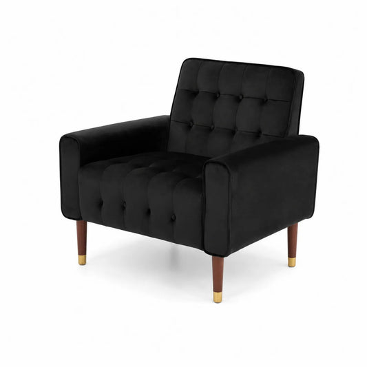 Poltrona in velluto nero con gambe in legno