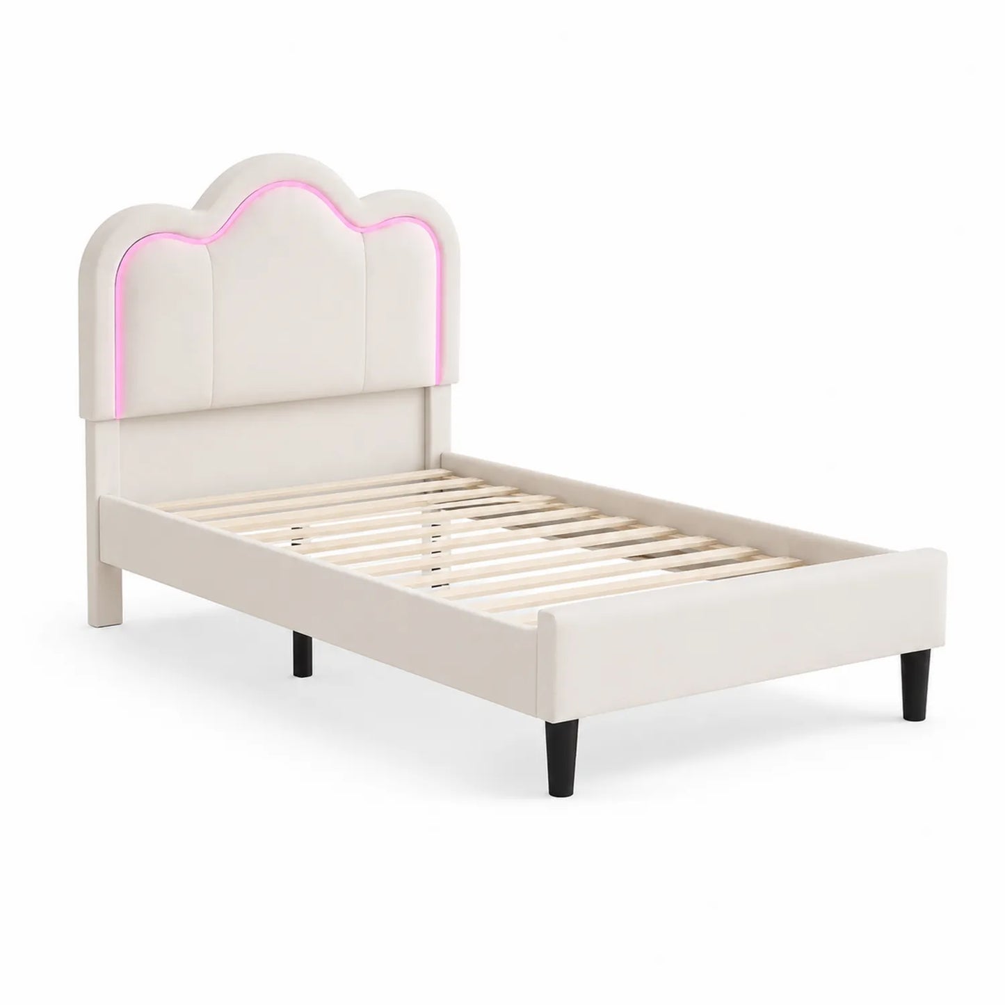 Letto singolo in legno con testiera in pelle sintetica e LED rosa