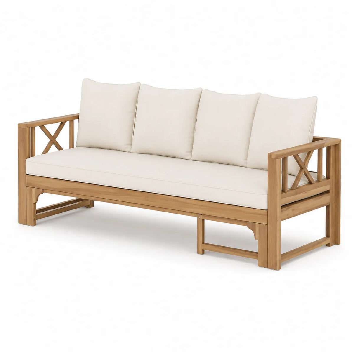 Divano da esterno in legno teak con cuscini bianchi 180cm