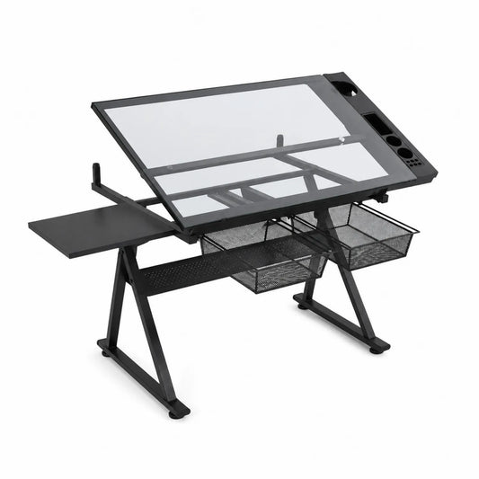 Scrivania da Disegno Inclinabile in Vetro e Metallo Nero
