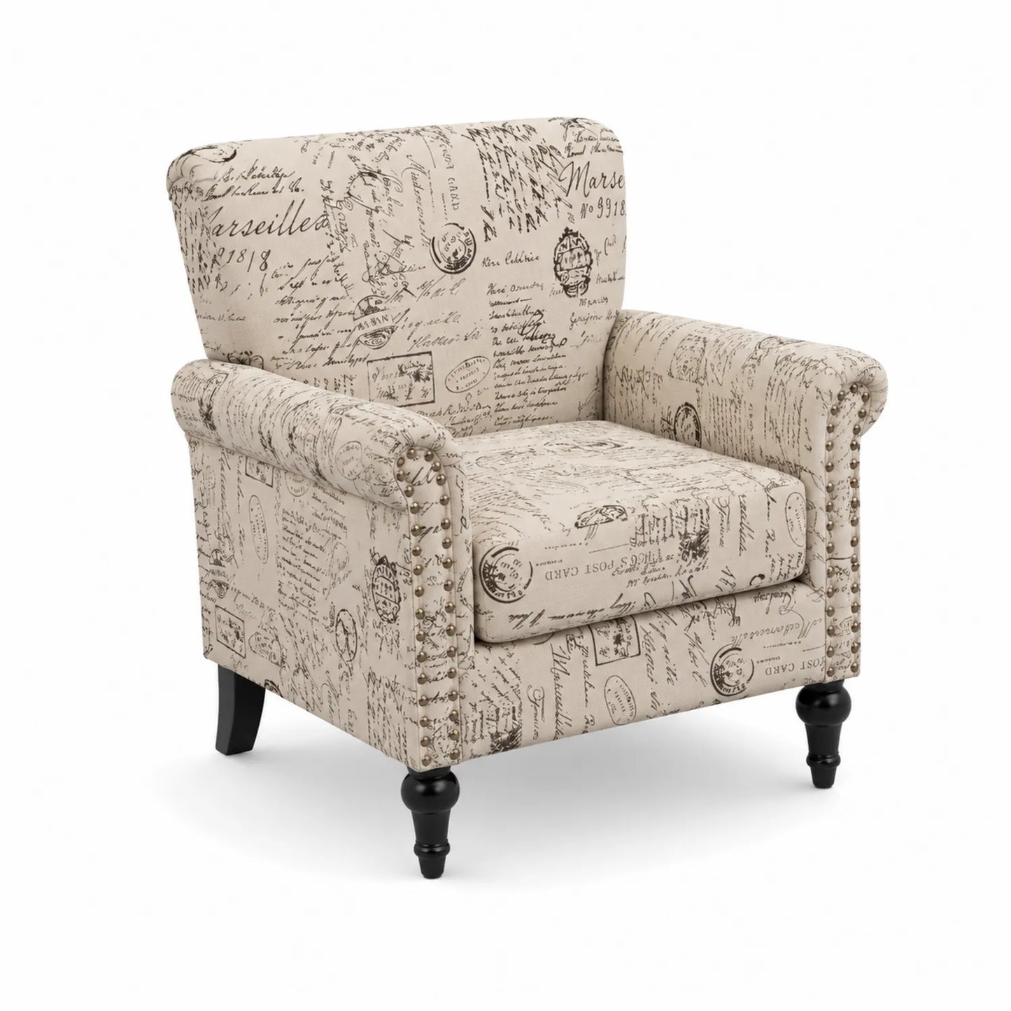 Poltrona in Tessuto Stampato Beige con Gambe in Legno