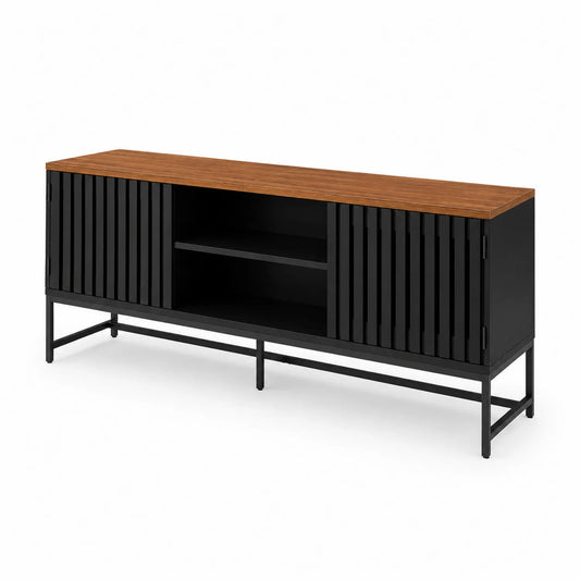 Mobile TV in legno e metallo con ante scorrevoli, 150x40x60 cm, Nero/Marrone Chiaro