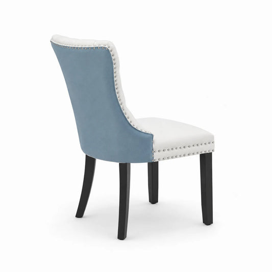 Sedia da pranzo in velluto bianco e blu con gambe in legno