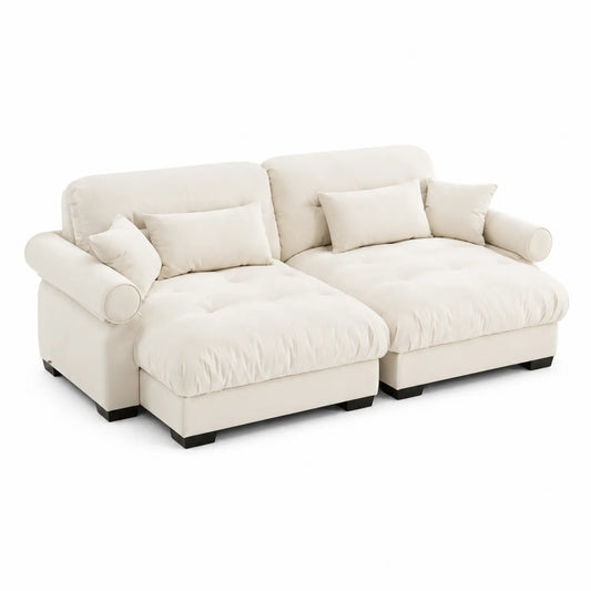 Divano componibile in tessuto crema con chaise longue