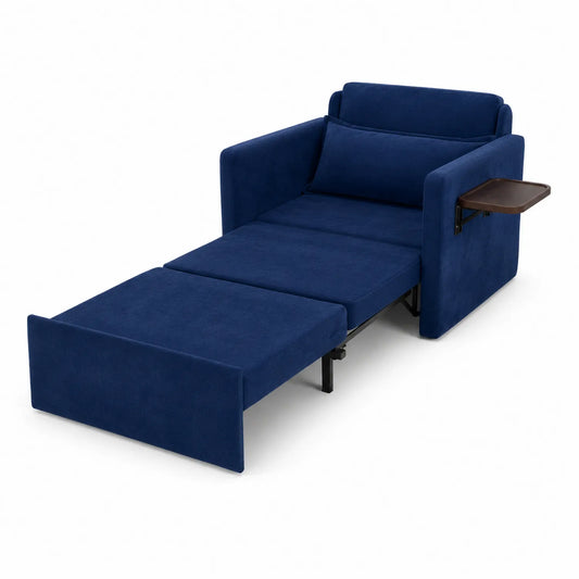 Poltrona Letto in Tessuto Blu con Ripiano Laterale
