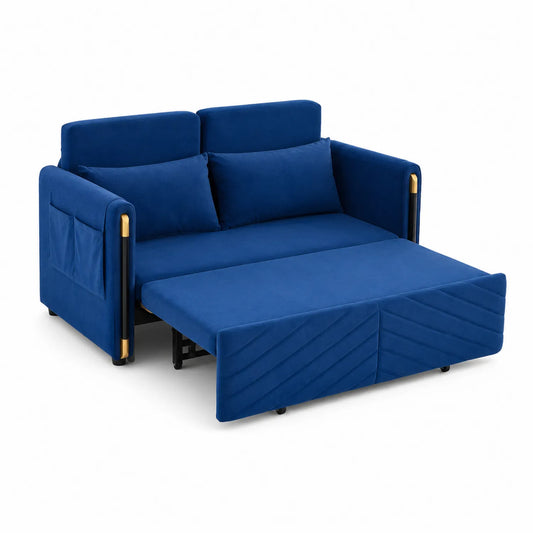 Divano letto in tessuto blu con cuscini e tasche laterali
