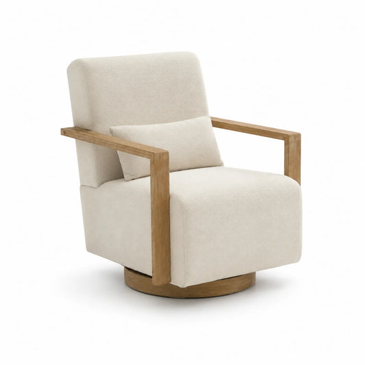 Poltrona Girevole in Legno e Bouclé Beige