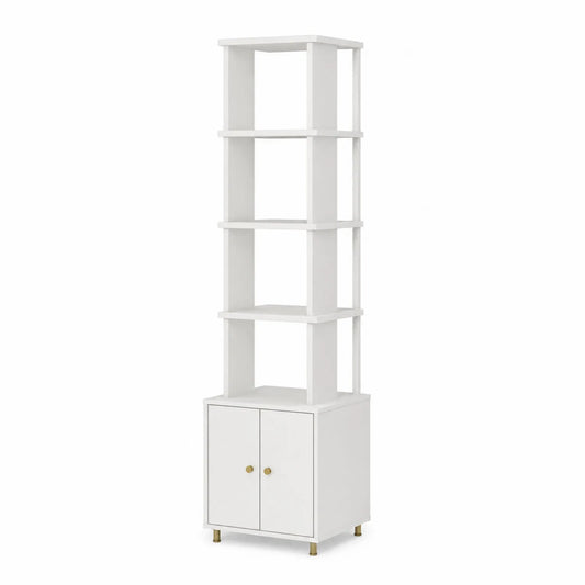 Libreria a Colonna in Legno Bianco con Armadietto